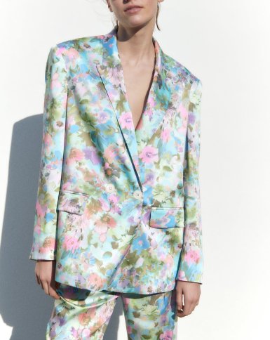 SATIN FLORAL PRINT OVERSIED BLAZER AND PANTS
