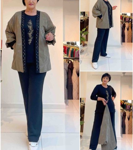 SATIN JACKET WITH STONE DETAIL AND MATCHING TOP AND PANTS