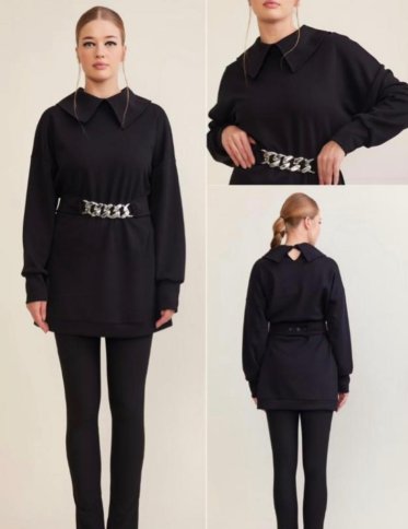 COLLARED SWEATSHIRT SWEATER WITH BELT