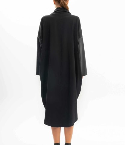 MIDI HIGH NECK COLLAR DRESS WITH FAUX LEATHER DETAIL