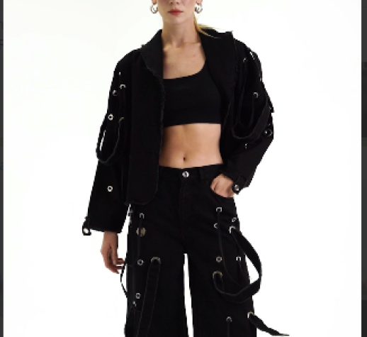 JEAN JACKET WITH GROMMENT AND TIE DETAILS