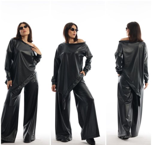 FAUX LEATHER ANGLED TOP AND FLARED PANT