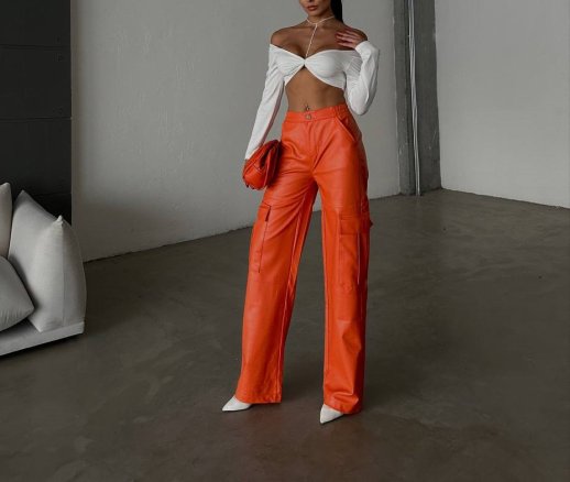 FAUX LEATHER FLARED CARGO PANTS