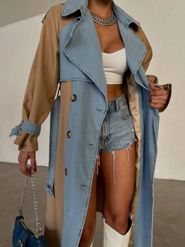 DENIM AND FAUX LEATHER TRENCHCOAT