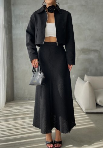 CROP ZIPPER JACKET WITH UNHEMMED MIDI FLARED SKIRT
