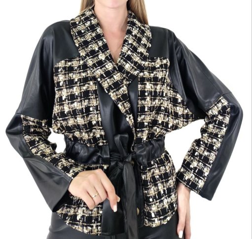 FAUX LEATHER AND PLAID FABRIC JACKET