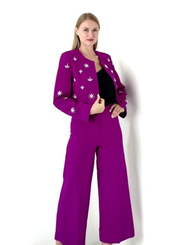 CROP DIAMANTE STUDDED JACKET AND CROPPED FLARED PANTS