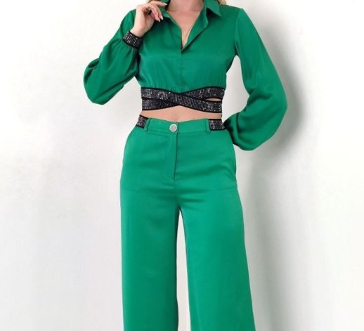 SILKY TOP AND MATCHING PANTS WITH DIAMANTE STONE DETAIL