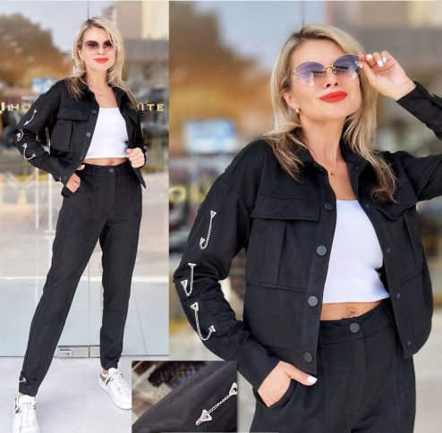 FAUX SUEDE CROP JACKET WITH CHAIN DETAIL SLEEVES