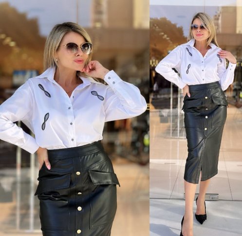 BUTTON POCKET FRONT FAUX LEATHER MIDI SKIRT