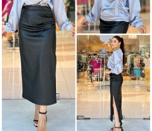 SIDE SLIT FAUX LEATHER MIDI SKIRT