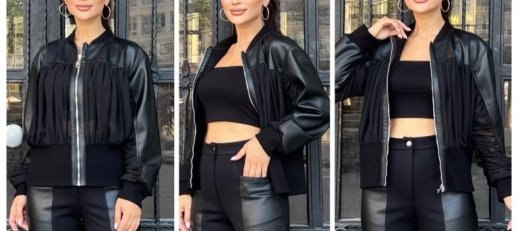 GATHERED FABRIC FRONT FAUX LEATHER JACKET