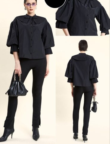 PLEATED COLLAR BLOUSE WITH TIE FRONT