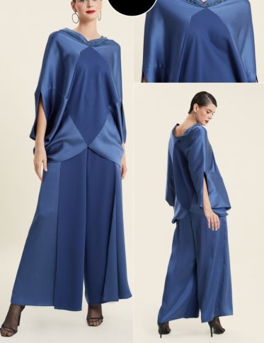 CURVED SATINY TOP WITH FLARED CROP PANTS