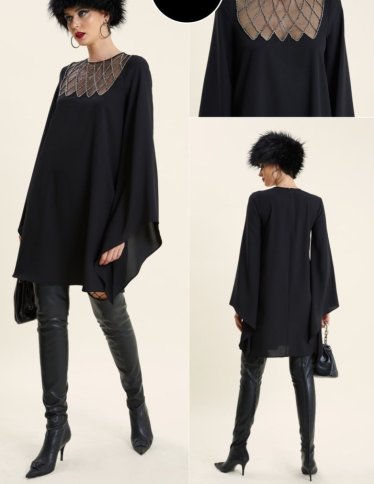 FLARED SLEEVESWITH SILVER NET NECK DETAIL DRESS