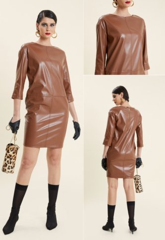 FAUX LEATHER 3/4 SLEEVE SHIFT DRESS