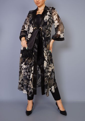 SLEEVELESS TOP AND MATCHING PANTS WITH SHEER PATTERNED KIMONO