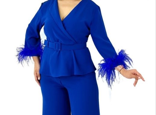 WRAP JACKET WITH FEATHER CUFFS AND MATCHING PANTS