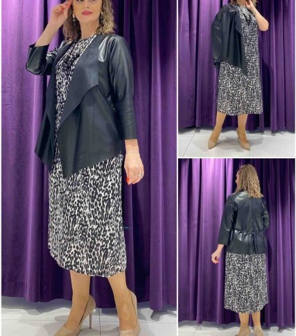 PRINTED DRESS WITH ASYMMETRICAL FAUX LEATHER JACKET