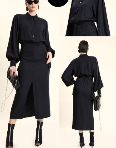 BUTTON FRONT BLOUSE DRESS WITH SLIM MIDI SKIRT