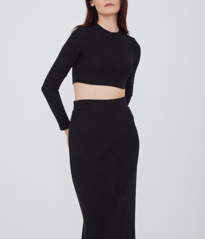LONG SLEEVE CROP TOP AND FRONT SLIT MIDI SKIRT
