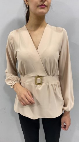 CUFFED LONG SLEEVE BLOUSE WITH BELT DETAIL