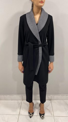 MIDI COAT WITH RIBBED COLLAR AND CUFF DESIGN