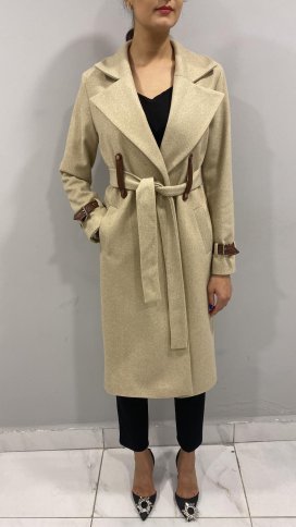 MIDI COAT WITH LEATHER STRAP CUFF AND BELT DETAIL
